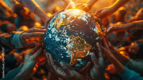 Diverse Hands Holding Earth, Celebrating World Earth Day on April 22 photo