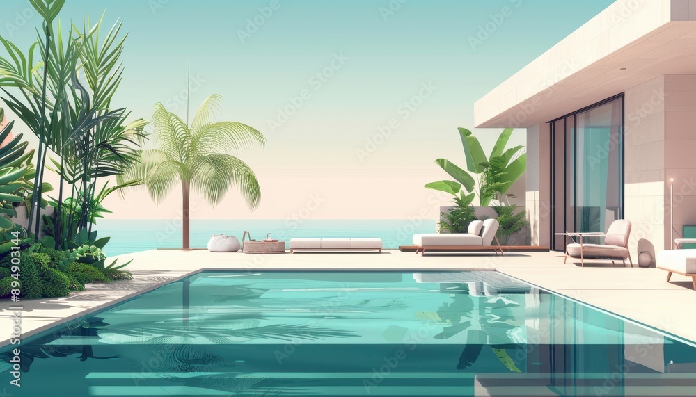 Fototapeta premium Serene Oasis: Elegant Poolside Retreat with Modern Furniture and Clear Water