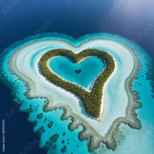a stunning aerial view of a heart-shaped island surrounded by crystal-clear turquoise water.