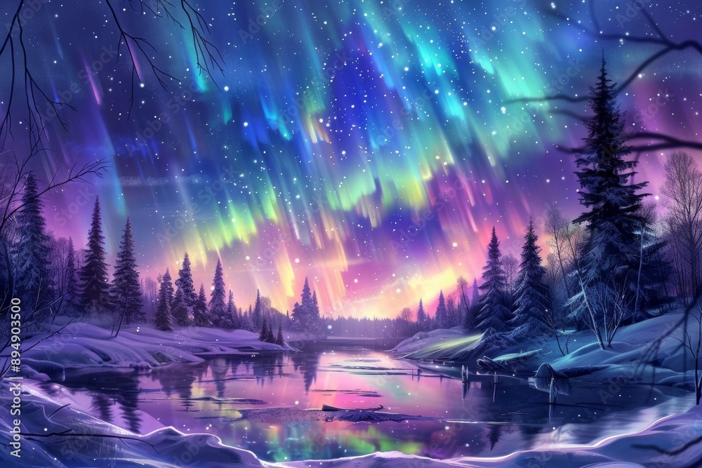 Fototapeta premium An Aurora Borealis, Northern Lights over a northern winter landscape, a lake, snow, and pine trees