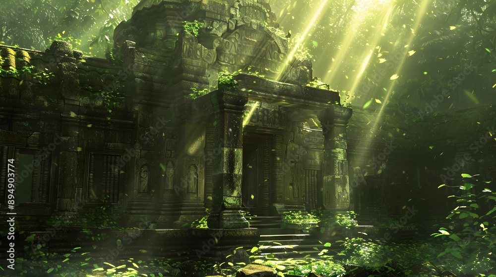 Fototapeta premium Ethereal temple ruins bathed in magical light, surrounded by vibrant, enchanted vegetation