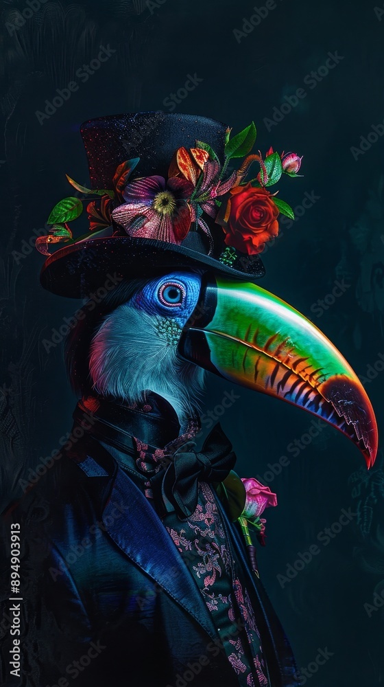 Obraz premium A fashion portrait of an anthropomorphic animal, colorful bird posing with a charismatic human attitude.