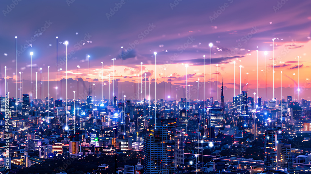 Obraz premium Smart City, wallpaper, the modern technology and intelligent communication networks