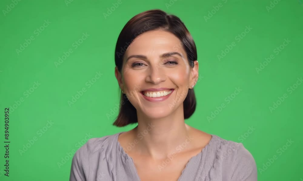 Portrait of a happy young woman smiling at camera on green background Portrait of a happy young woman smiling at camera on green background