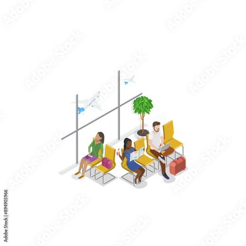 3D Isometric Flat Vector Set of Airport Scenes, Automated Border Control, Waiting Area, Duty Free Shopping. Item 1