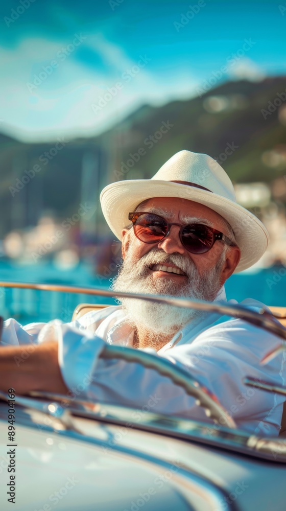 Fototapeta premium Joyful Bearded Senior Embracing Italian Summer Road Trip: Luxurious Convertible Adventure Epitomizing Wealth and Freedom. Exhilarating Vacation Journey Through Scenic Landscapes, Capturing the Essence
