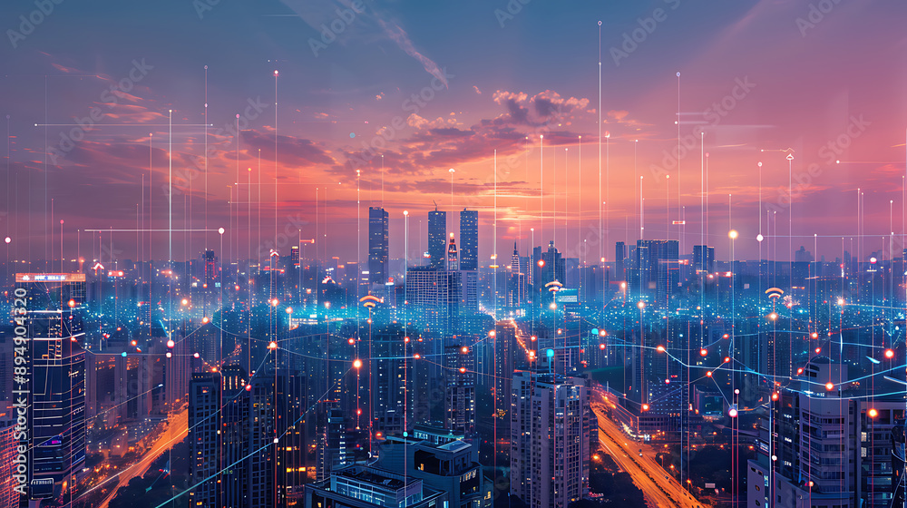 Obraz premium Smart City, wallpaper, the modern technology and intelligent communication networks