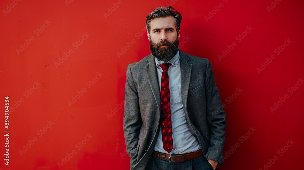 a refined bearded gentleman in modern clothes, with a stylish pose, against a bold red background, emphasizing space for text or promotional content. a refined bearded gentleman in modern clothes, with a stylish pose, against a bold red background, emphasizing space for text or promotional content.