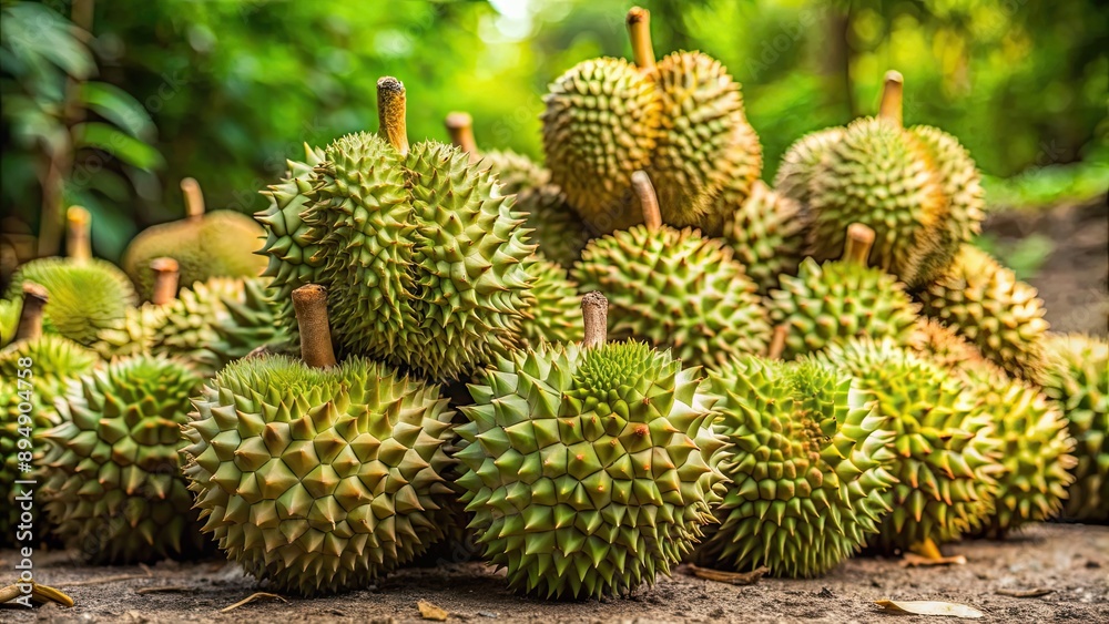 A close-up photo of freshly harvested durians on the ground , tropical fruit, Malaysian, aroma, taste, custard, texture, spiky A close-up photo of freshly harvested durians on the ground , tropical fruit, Malaysian, aroma, taste, custard, texture, spiky
