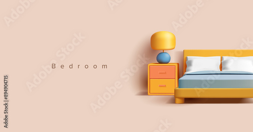 Bedroom, 3D. A bed, a lamp, a nightstand. Modern interior for advertising recreation, and housing rental. Vector