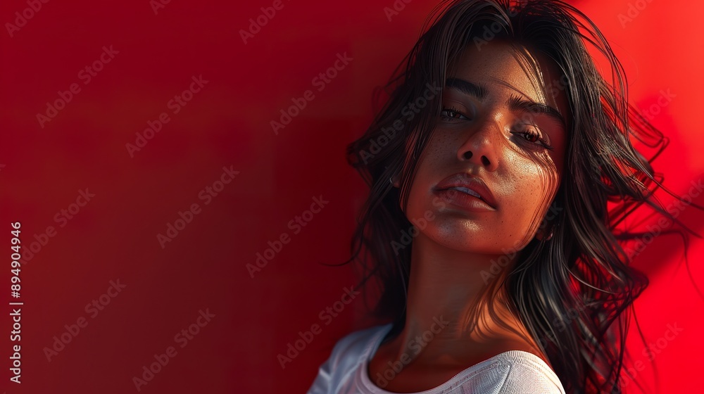 a relaxed and chic young Indian student girl with dark hair, against a red background that adds energy and vibrancy to her appearance a relaxed and chic young Indian student girl with dark hair, against a red background that adds energy and vibrancy to her appearance