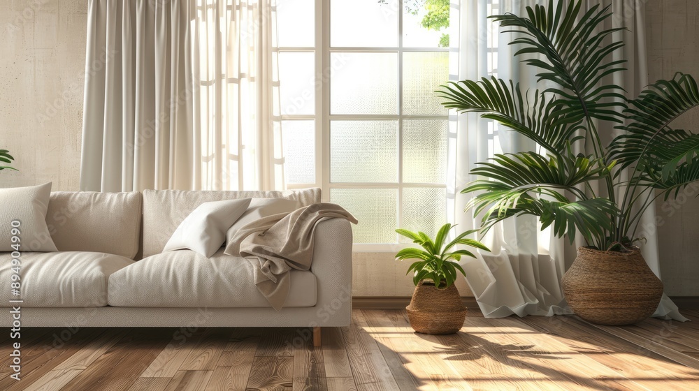 Living room with wooden floor, comfy sofa by bright curtained window, green plant; home interior.