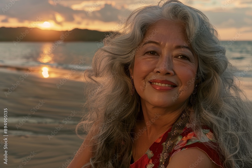 An elderly woman at the beach at sunrise, smiling, enjoying the sunshine near the ocean, living a natural and relaxed life. An elderly woman at the beach at sunrise, smiling, enjoying the sunshine near the ocean, living a natural and relaxed life.