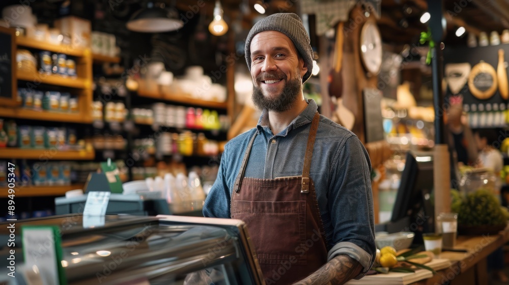Smiling barista standing behind the counter in coffee shop.