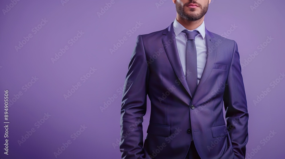 a serene groom in a wedding suit, displaying a calm and confident pose on a purple background a serene groom in a wedding suit, displaying a calm and confident pose on a purple background