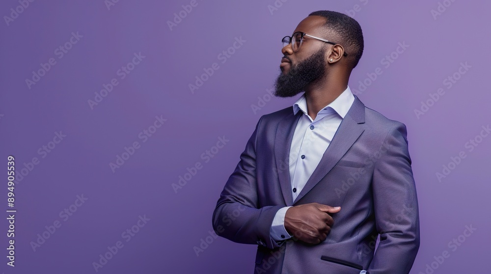 a serene groom in a wedding suit, displaying a calm and confident pose on a purple background a serene groom in a wedding suit, displaying a calm and confident pose on a purple background