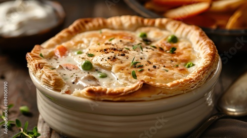 Classic creamy pot pie filled with assorted vegetables, topped with a golden crispy crust, served in a pristine white pottery bowl, on a dark wooden table.