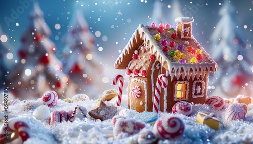 Festive Gingerbread House With Candy Decorations in a Winter Wonderland photo