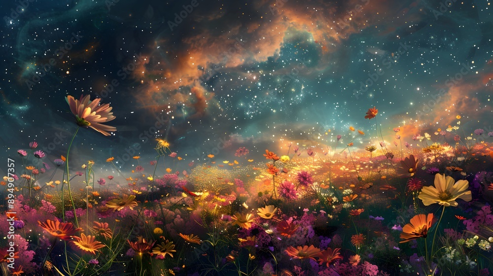Enchanted meadow where vibrant, magical flowers bloom under a radiant, starry sky Enchanted meadow where vibrant, magical flowers bloom under a radiant, starry sky
