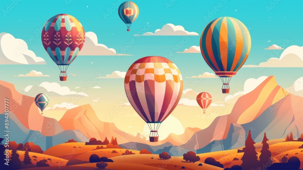 Obraz premium Illustration colorful hot air balloons with imaginative designs flying over a fantastical landscape.