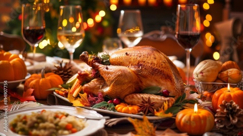 Happy Thanksgiving day. Family dinner with turkey. Illustration generated by ai