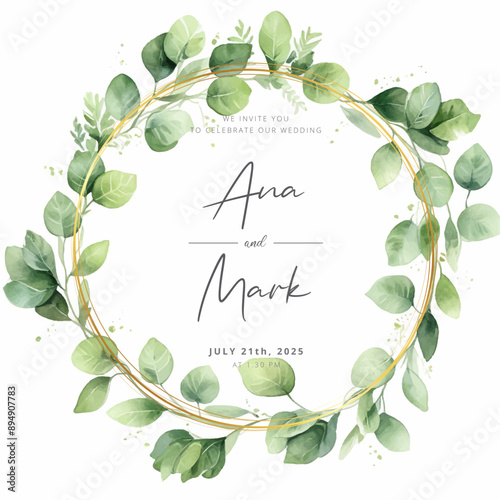 Watercolor Eucalyptus Leaves Wreath Illustration Green, Wedding Leaves