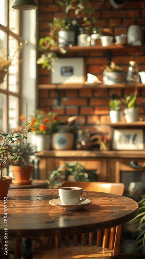 Coffee shop with cozy decor, shelves and table, bokeh effect, medium shot, warm and inviting Coffee shop with cozy decor, shelves and table, bokeh effect, medium shot, warm and inviting