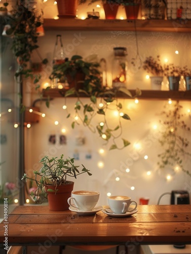 Cozy coffee shop, warm shelf and table setup, bokeh background, inviting atmosphere, medium shot, soft lighting photo