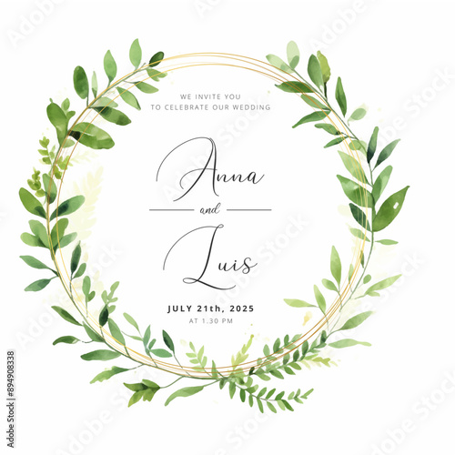 Watercolor green yellow leaves wreath with gold circle