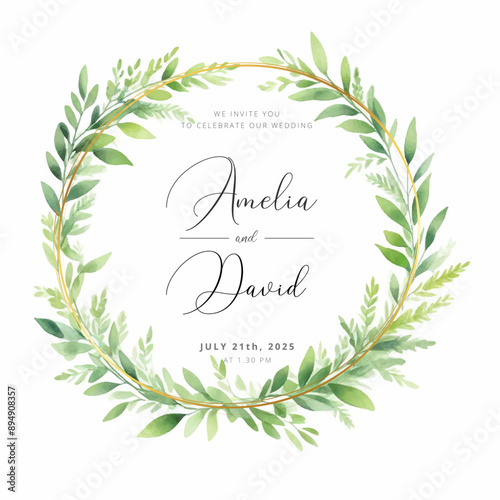 Watercolor green leaves wreath with gold circle