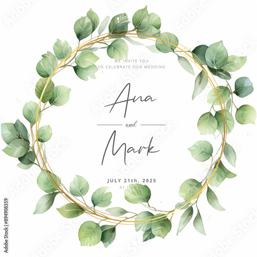 Watercolor green leaves wreath with gold circle