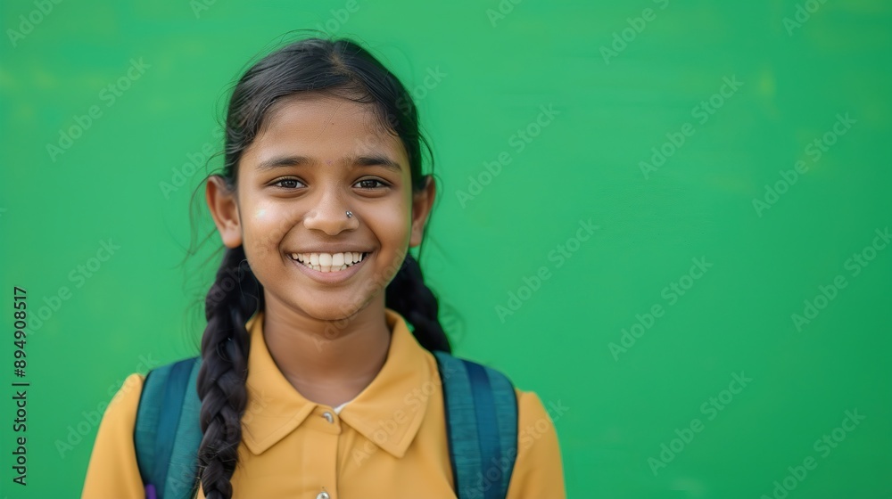 a smiling young Indian student girl in casual attire, against a vibrant green backdrop that symbolizes freshness and vitality a smiling young Indian student girl in casual attire, against a vibrant green backdrop that symbolizes freshness and vitality