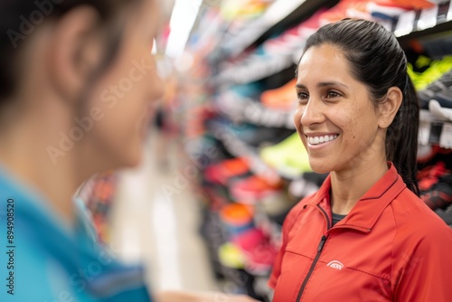 Smiling Female Retail Employee Assisting Customer in Sportswear Shop photo