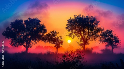 Silhouette of trees against a colorful sky as the sun rises on a misty morning in the countryside.