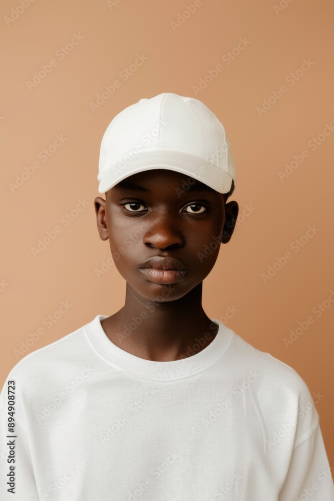 Portrait of Young African Teenager in White Cap and T-Shirt Against Beige Background.