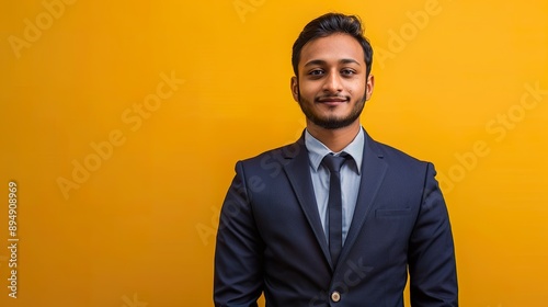 a sophisticated Indian business leader in a suit, with a confident expression, against an orange background that signifies energy and enthusiasm