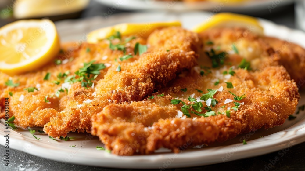 Mouth-watering Wiener Schnitzel on a plate, captured in a close-up to showcase its delicious and popular appeal Mouth-watering Wiener Schnitzel on a plate, captured in a close-up to showcase its delicious and popular appeal