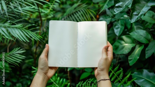 person holds a blank open book with nature background. mockup concept