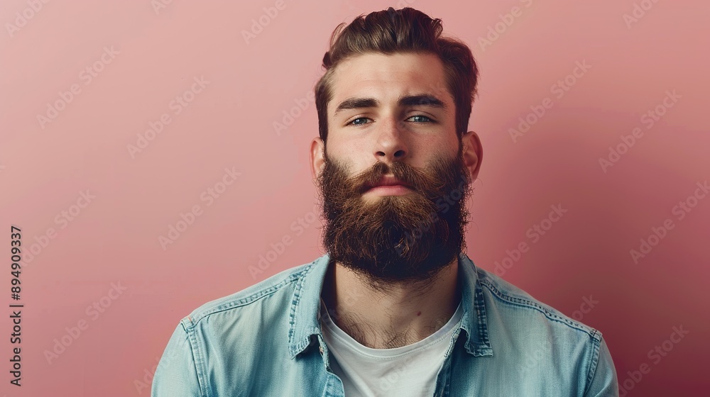 Obraz premium a stylish bearded man in casual attire, posing confidently against a soft pink background, radiating charm and suitable for highlighting text or graphic elements