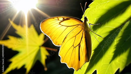 Yellow winged butterfly on a leaf in bright sun rays photo