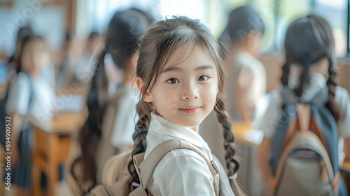 Beautiful smiling asian schoolgirl in school uniform with a school bag. Blurred images schoolchildren. Education, school, learning concept. Back to school.