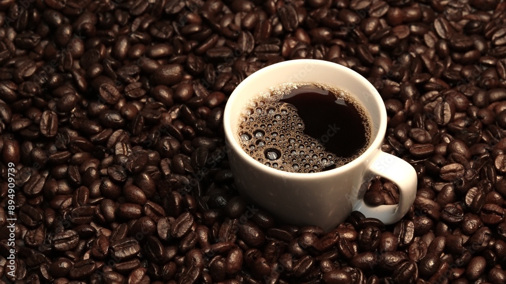 Top view of coffee or espresso with piles of coffee beans. Close up of fresh roasted coffee bean scatter around wooden table with cup of americano and aromatic stream and smoke from seed. Comestible. Top view of coffee or espresso with piles of coffee beans. Close up of fresh roasted coffee bean scatter around wooden table with cup of americano and aromatic stream and smoke from seed. Comestible.