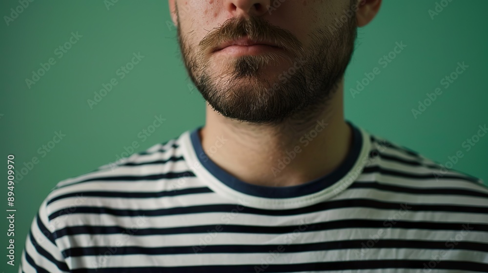 Fototapeta premium a stylish guy wearing a striped shirt against a green backdrop, ideal for adding text or branding elements