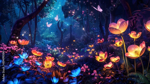 Fototapeta Naklejka Na Ścianę i Meble -  Enchanted garden with vibrant, glowing flowers and whimsical, magical creatures