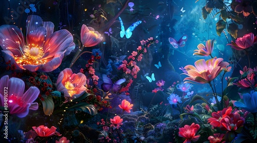 Fototapeta Naklejka Na Ścianę i Meble -  Enchanted garden with vibrant, glowing flowers and whimsical, magical creatures