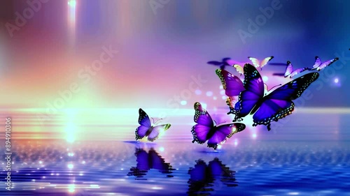 butterflies flying in the air water reflection beautiful nature sunset background magical scene serene moment graceful insects tranquil evening flight