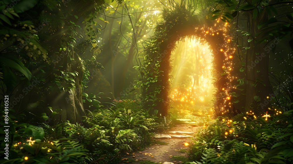 Fototapeta premium Mystical forest path leading to a radiant, glowing portal surrounded by luminescent plants