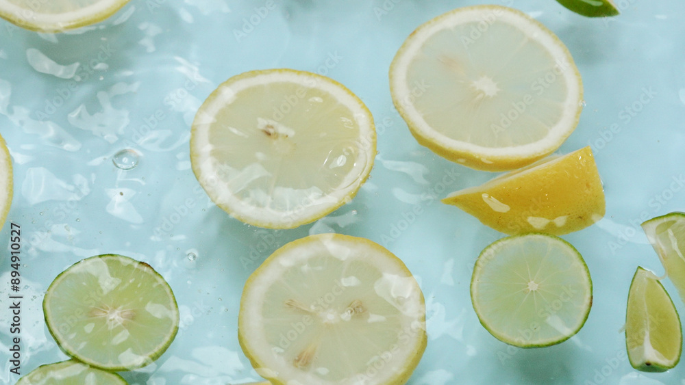 Macro of a sliced lemon dropping in to water with lemon and lime floating at blue background .Citrus fruit movement moving at clear water. Citrus freshness. Freshness and hydration concept. Pabulum.