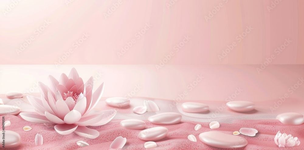 With copy space, Zen stones, velvet sand and lotus flower on pink background. Wellness and harmony, massage and bodycare, spa and wellness concept. With copy space, Zen stones, velvet sand and lotus flower on pink background. Wellness and harmony, massage and bodycare, spa and wellness concept.