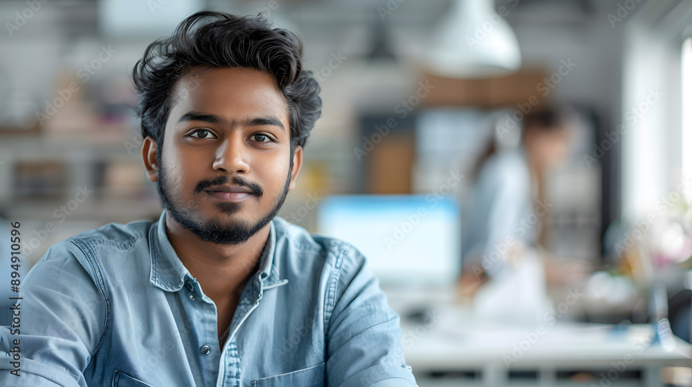Portrait of a young Indian male designer, engineer sitting in the office at the table and looking at the camera